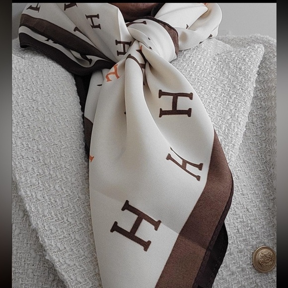 Orange H Black H, Cream and Brown Designer style luxury Scarf - Picture 7 of 7